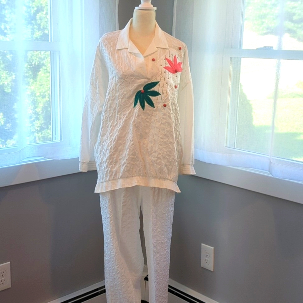 Vintage 80s White Tropical Windbreaker Set